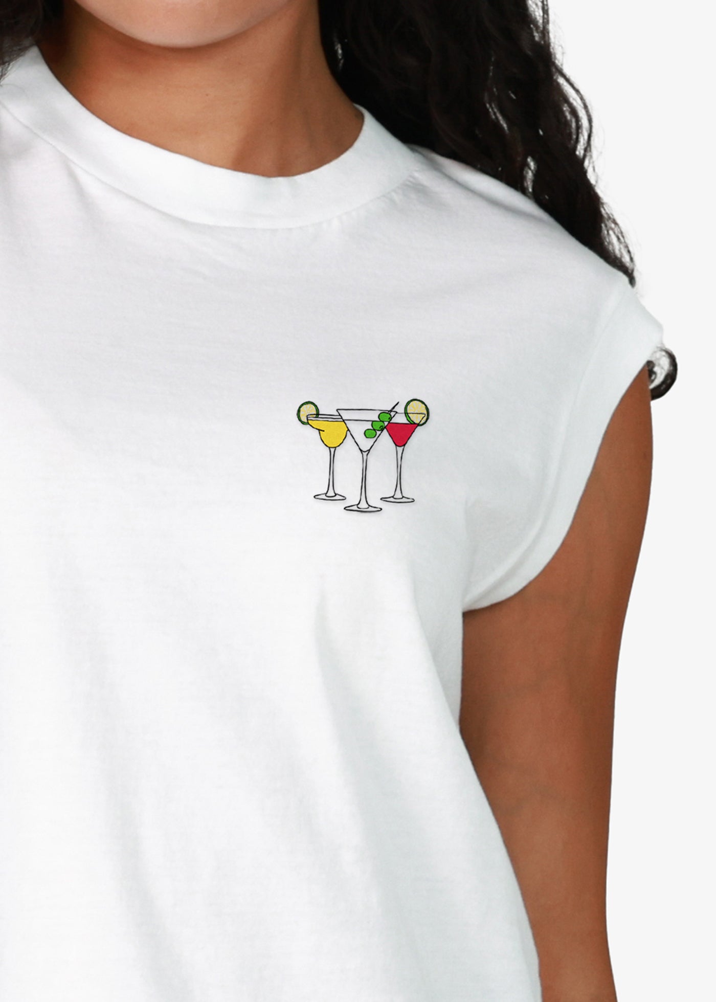 Cocktails Embroidery White Moto Tee